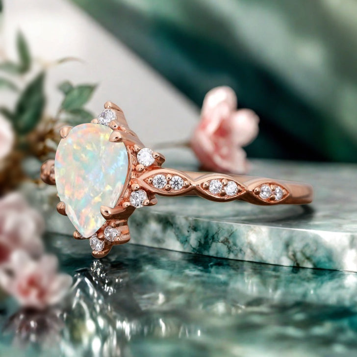 Opal Ring Dainty Ring Pear Cut Opal Engagement Ring Art Deco Promise Ring Gift For Her