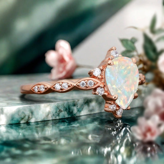 Opal Ring Dainty Ring Pear Cut Opal Engagement Ring Art Deco Promise Ring Gift For Her