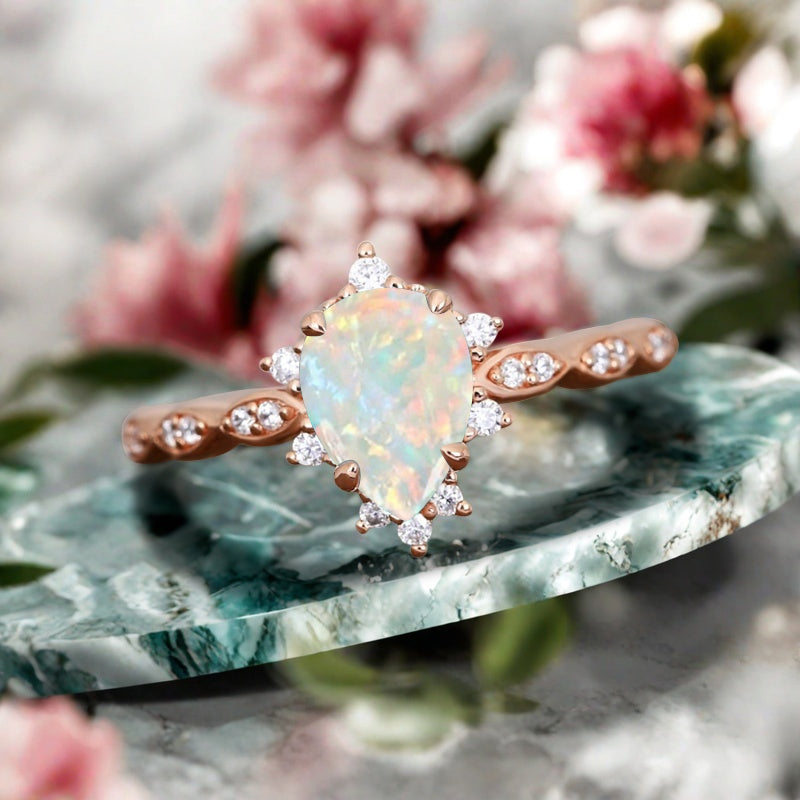 Opal Ring Dainty Ring Pear Cut Opal Engagement Ring Art Deco Promise Ring Gift For Her