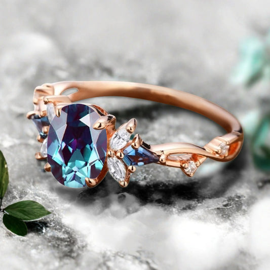 Vintage Alexandrite Engagement Ring 18K Rose Gold Oval Cut Natural Alexandrite Wedding Promise Ring Handmade Ring Anniversary Rings For Women Ver.3