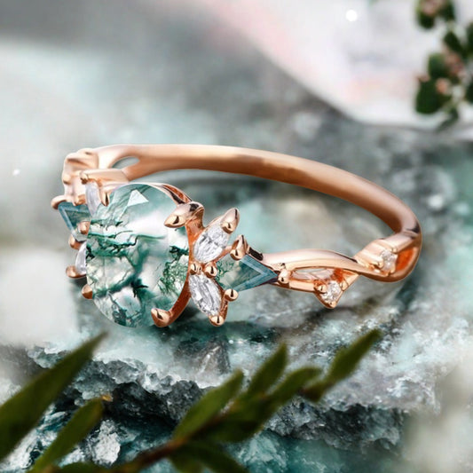 Vintage Moss Agate Engagement Ring 18K Rose Gold Oval Cut Natural Moss Agate Wedding Promise Ring Handmade Ring Anniversary Rings For Women Ver.3