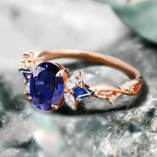 Vintage Blue Topaz Engagement Ring 18K Rose Gold Oval Cut Natural Blue Topaz Wedding Promise Ring Handmade Ring Anniversary Rings For Women Ver.3