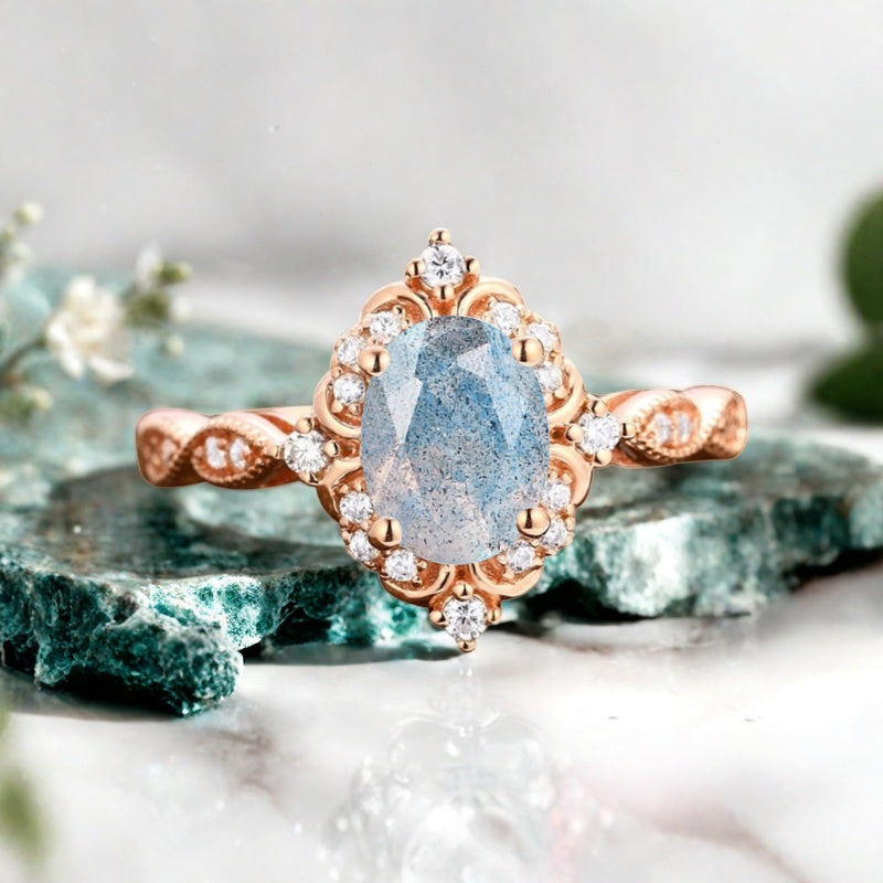 Art Deco Labradorite Ring Solid 14K Gold Engagement Ring Blue White Labradorite Gemstone Bridal Ring Unique Labradorite Ring Delicate Jewelry Gift
