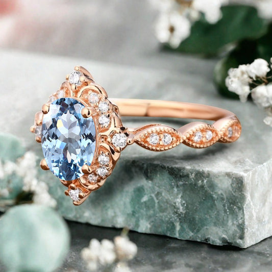 Art Deco Aquamarine Ring Solid 14K Gold Engagement Ring Blue Aquamarine Gemstone Bridal Ring Unique Aquamarine Ring Delicate Jewelry Gift