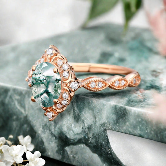 Art Deco Moss Agate Ring Solid 14K Gold Engagement Ring Green White Moss Agate Gemstone Bridal Ring Unique Moss Agate Ring Delicate Jewelry Gift