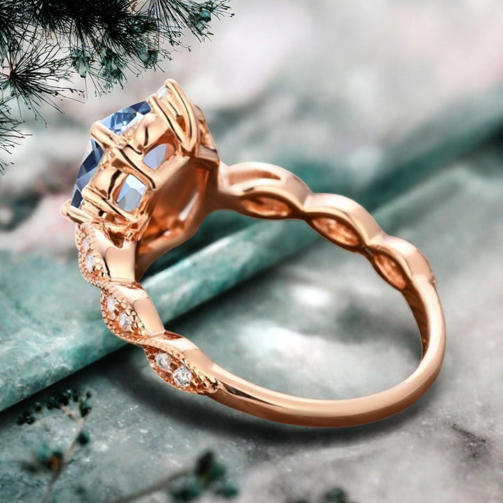 Art Deco Aquamarine Ring Solid 14K Gold Engagement Ring Blue Aquamarine Gemstone Bridal Ring Unique Aquamarine Ring Delicate Jewelry Gift