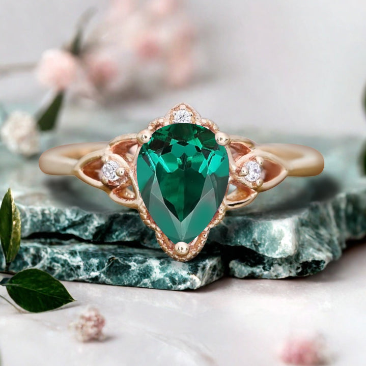 Emerald Vintage Pear Cut Flower Inspired Solid 10k Rose Gold Ring Moissanite Bridal Promise Flower Ring Unique Anniversary Gift