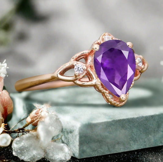 Amethyst Vintage Pear Cut Flower Inspired Solid 10k Rose Gold Ring Moissanite Bridal Promise Flower Ring Unique Anniversary Gift