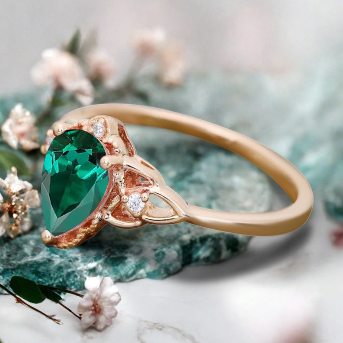 Emerald Vintage Pear Cut Flower Inspired Solid 10k Rose Gold Ring Moissanite Bridal Promise Flower Ring Unique Anniversary Gift