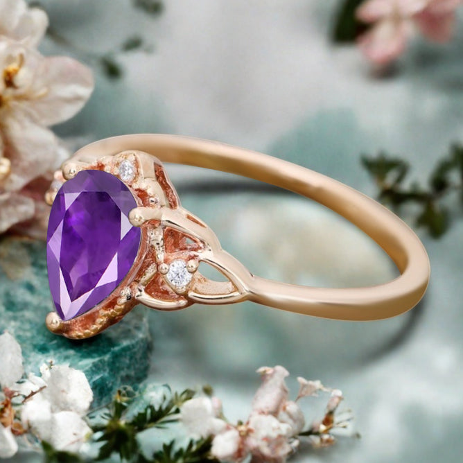 Amethyst Vintage Pear Cut Flower Inspired Solid 10k Rose Gold Ring Moissanite Bridal Promise Flower Ring Unique Anniversary Gift