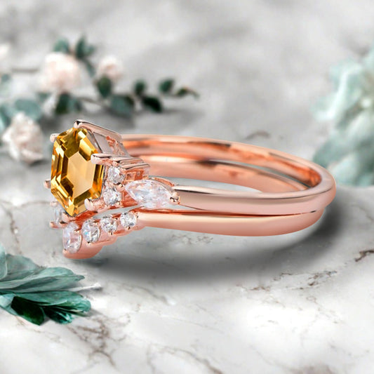 Vintage Hexagon Cut Citrine Engagement Ring Set 14k Rose Gold Bridal Ring Set Unique Yellow Citrine Wedding Ring Set Women Anniversary Gift