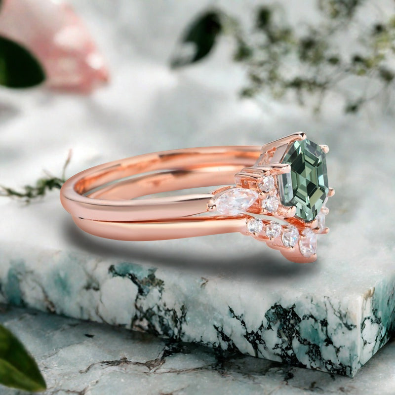 Vintage Hexagon Cut Tsavorite Engagement Ring Set 14k Rose Gold Bridal Ring Set Unique Green Tsavorite Wedding Ring Set Women Anniversary Gift