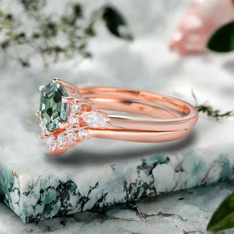 Vintage Hexagon Cut Tsavorite Engagement Ring Set 14k Rose Gold Bridal Ring Set Unique Green Tsavorite Wedding Ring Set Women Anniversary Gift