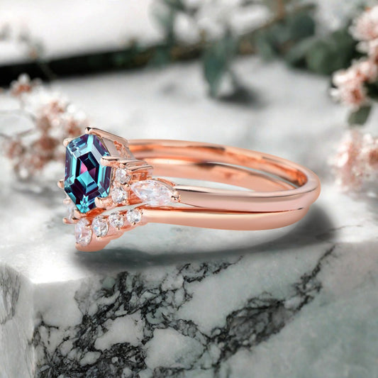 Vintage Hexagon Cut Aquamarine Engagement Ring Set 14k Rose Gold Bridal Ring Set Unique Blue Aquamarine Wedding Ring Set Women Anniversary Gift