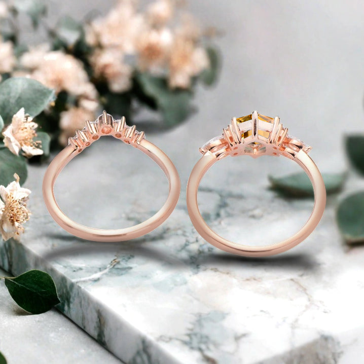 Vintage Hexagon Cut Citrine Engagement Ring Set 14k Rose Gold Bridal Ring Set Unique Yellow Citrine Wedding Ring Set Women Anniversary Gift