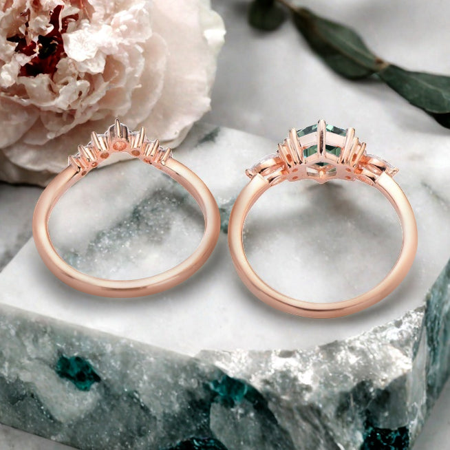Vintage Hexagon Cut Tsavorite Engagement Ring Set 14k Rose Gold Bridal Ring Set Unique Green Tsavorite Wedding Ring Set Women Anniversary Gift