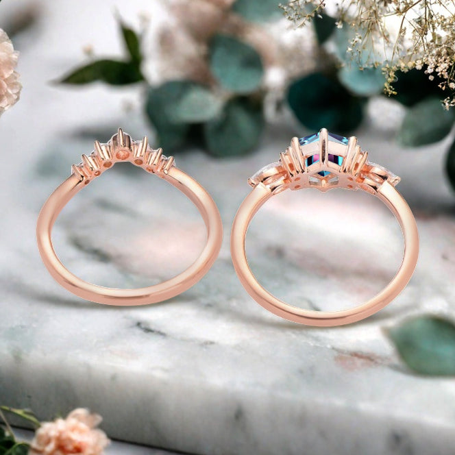 Bague de fiançailles vintage ovale en pierre de lune, bague de promesse unique en opale et moissanite