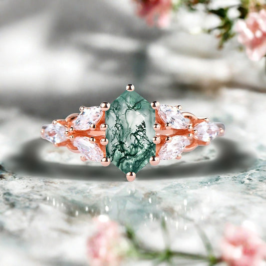 Hexagon Cut Moss Agate Engagement Ring Set Vintage Unique 14k Rose Gold Green-White Moss Agate Ring For Women Unique Bridal Wedding Ring Set Anniversary Gift