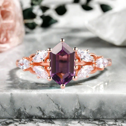 Hexagon Cut Amethyst Engagement Ring Set Vintage Unique 14k Rose Gold Purple Amethyst Ring For Women Unique Bridal Wedding Ring Set Anniversary Gift