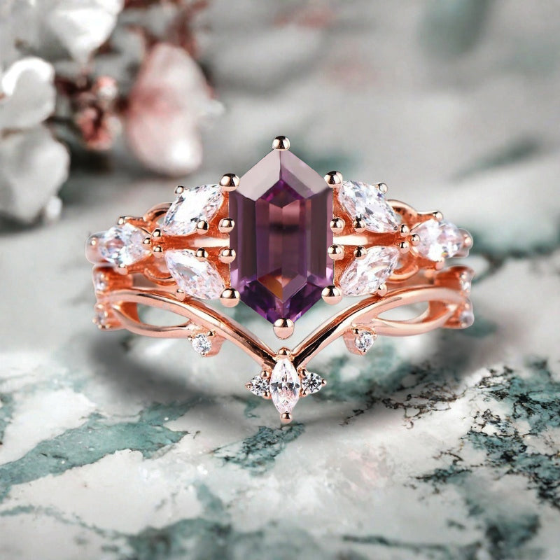 Hexagon Cut Amethyst Engagement Ring Set Vintage Unique 14k Rose Gold Purple Amethyst Ring For Women Unique Bridal Wedding Ring Set Anniversary Gift
