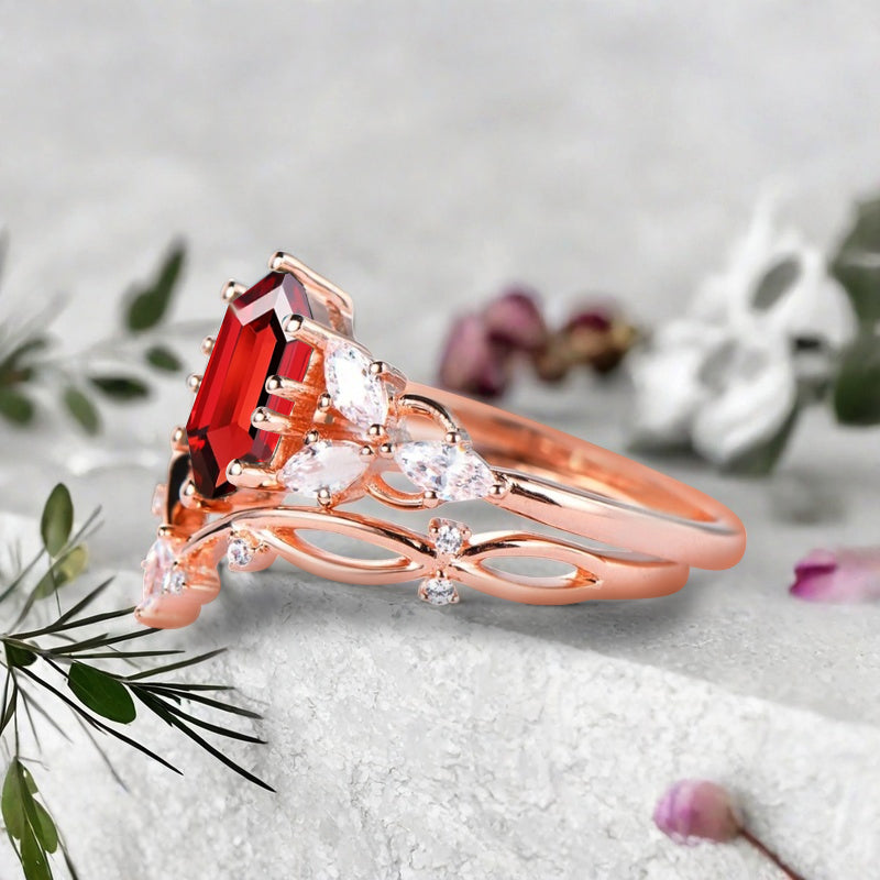Hexagon Cut Ruby Engagement Ring Set Vintage Unique 14k Rose Gold Red Ruby Ring For Women Unique Bridal Wedding Ring Set Anniversary Gift