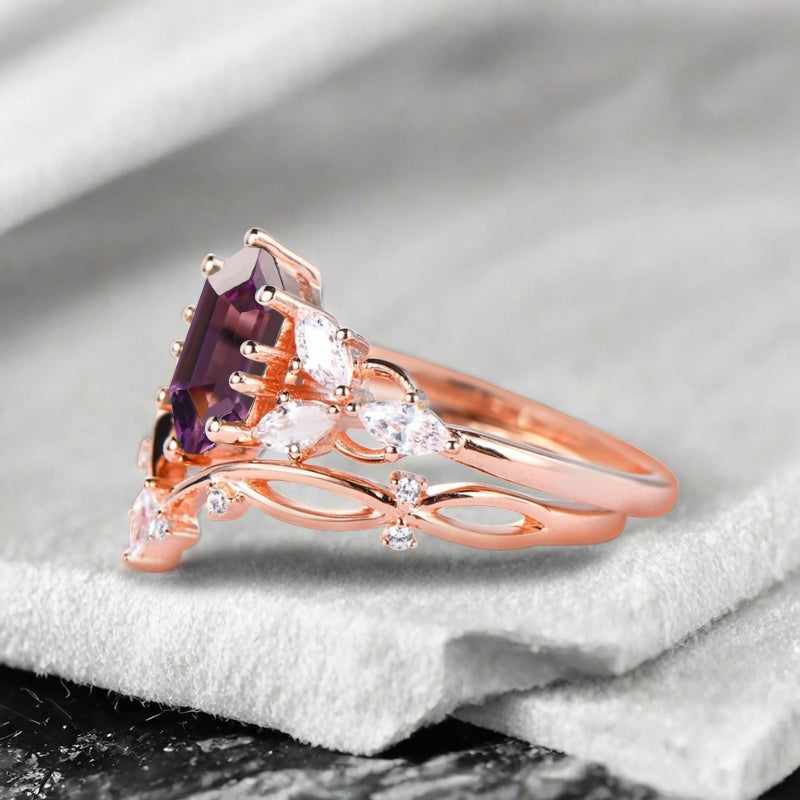 Hexagon Cut Amethyst Engagement Ring Set Vintage Unique 14k Rose Gold Purple Amethyst Ring For Women Unique Bridal Wedding Ring Set Anniversary Gift