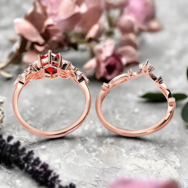 Hexagon Cut Ruby Engagement Ring Set Vintage Unique 14k Rose Gold Red Ruby Ring For Women Unique Bridal Wedding Ring Set Anniversary Gift