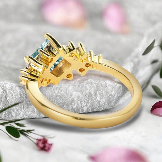 Vintage Princess Cut Ring, Moss Agate Engagement Ring, Sterling Silver Ring, Handmade 18K Gold Art Deco Promise Ring Ver.2