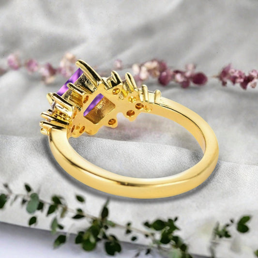Vintage Princess Cut Ring, Amethyst Engagement Ring, September Birthstone Sterling Silver Ring, Handmade 18K Gold Art Deco Promise Ring Ver.2