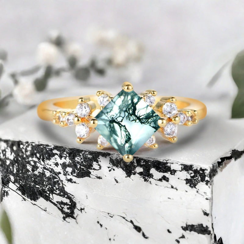 Vintage Princess Cut Ring, Moss Agate Engagement Ring, Sterling Silver Ring, Handmade 18K Gold Art Deco Promise Ring Ver.2