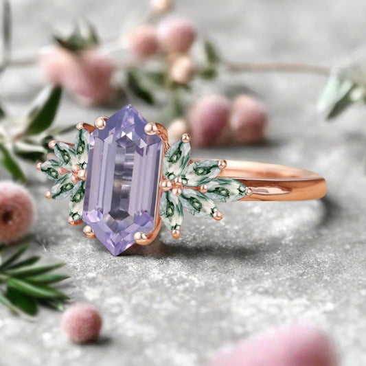 Vintage Hexagon Cut Amethyst Engagement Ring Moss Agate Wedding Ring Art Deco Rose Gold Dainty Bridal Ring Anniversary Ring