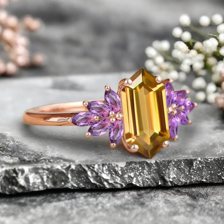 Vintage Hexagon Cut Citrine Engagement Ring Amethyst Wedding Ring Art Deco Rose Gold Dainty Bridal Ring Anniversary Ring