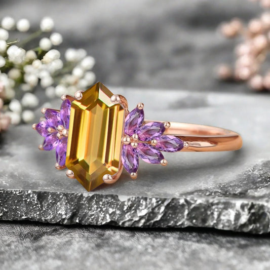 Vintage Hexagon Cut Citrine Engagement Ring Amethyst Wedding Ring Art Deco Rose Gold Dainty Bridal Ring Anniversary Ring
