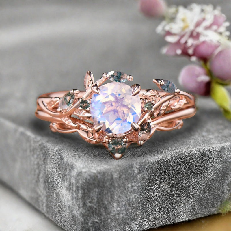 Vintage Oval Mondstein Verlobungsring Unikat Opal Moissanit Versprechensring