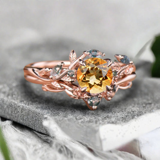1ct Round Nature Inspired Flower Natural Citrine Wedding Ring Set Rose Gold Citrine Moss Agate Bridal Ring Set Unqiue Gift