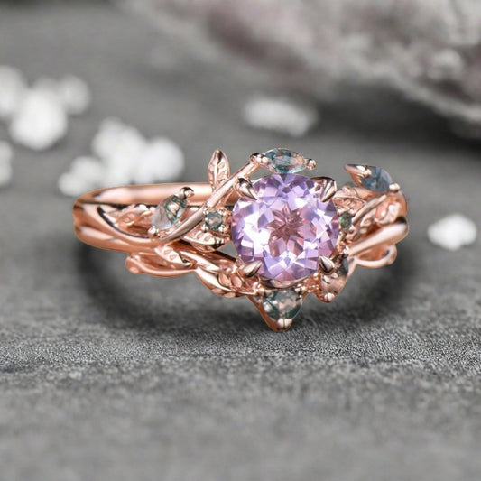 1ct Round Nature Inspired Flower Natural Amethyst Wedding Ring Set Rose Gold Amethyst Moss Agate Bridal Ring Set Unqiue Gift