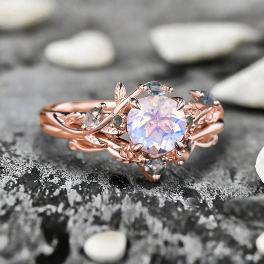 1ct Round Nature Inspired Flower Natural Pink Sapphire Wedding Ring Set Rose Gold Pink Sapphire Moss Agate Bridal Ring Set Unqiue Gift