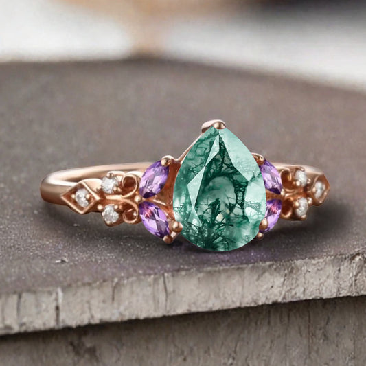 Vintage Pear Moss Agate Engagement Ring Unique Amethyst Sidestones Pear Shape Gemstone Promise Ring Ver.2