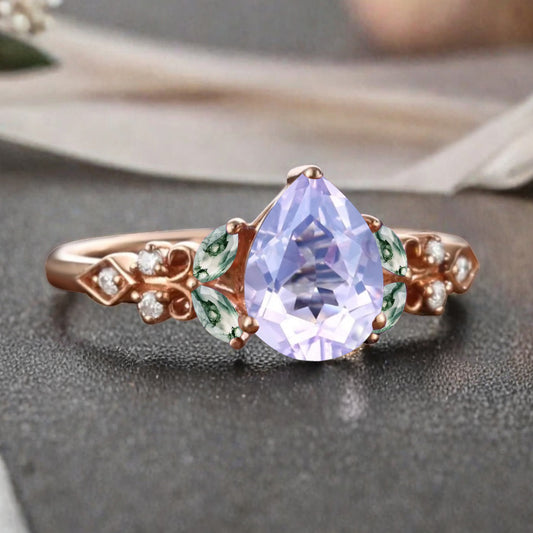 Vintage Pear Amethyst Engagement Ring Unique Moss Agate Sidestones Pear Shape Gemstone Promise Ring Ver.2