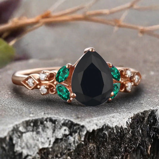 Vintage Pear Black Onyx Engagement Ring Unique Emerald Sidestones Pear Shape Gemstone Promise Ring Ver.2