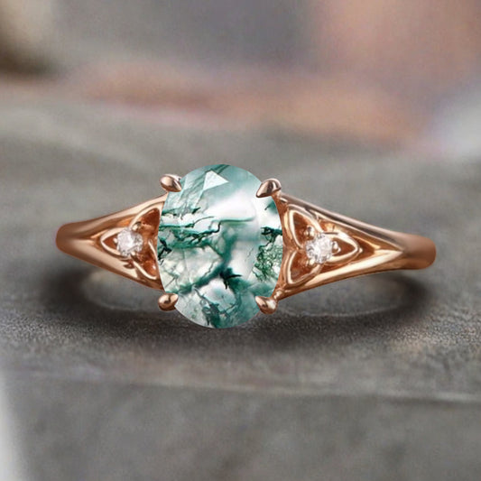 Oval Cut Moss Agate Engagement Ring Vintage Unique Rose Gold Green Agate Wedding Ring Handmade Bridal Promise Ring Anniversary Gift Ring