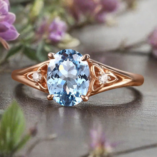 Oval Cut Aquamarine Engagement Ring Vintage Unique Rose Gold Blue Agate Wedding Ring Handmade Bridal Promise Ring Anniversary Gift Ring
