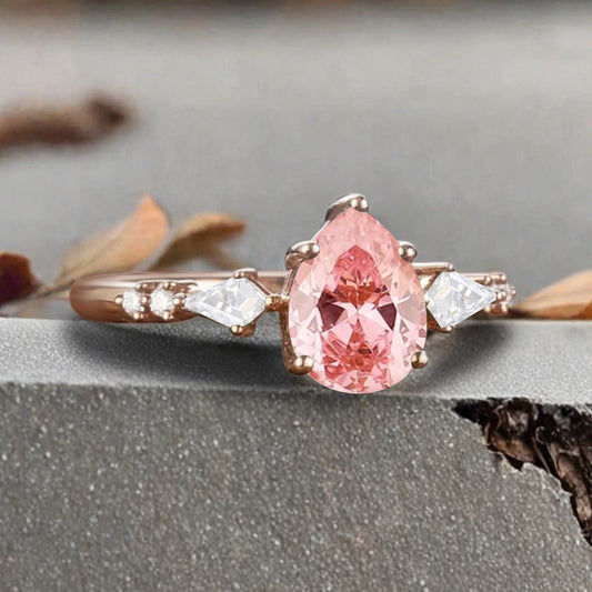 Vintage Pear Cut Pink Sapphire Engagement Rings Kite Moissanite Statement Ring Gift For Her