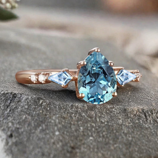 Vintage Pear Cut Aquamarine Engagement Rings Kite Aquamarine Statement Ring Gift For Her