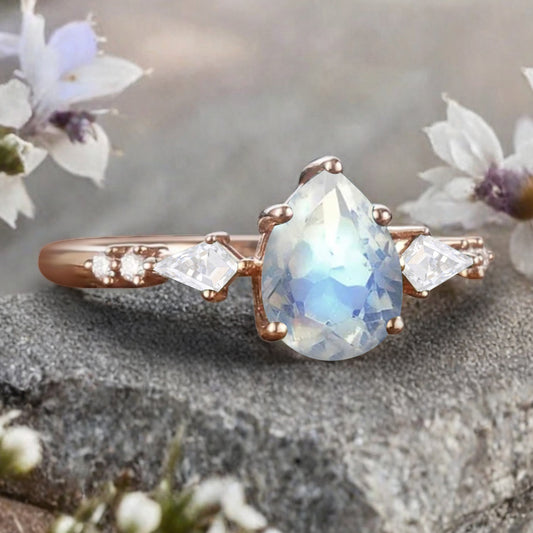 Vintage Pear Cut Moonstone Engagement Rings Kite Moissanite Statement Ring Gift For Her
