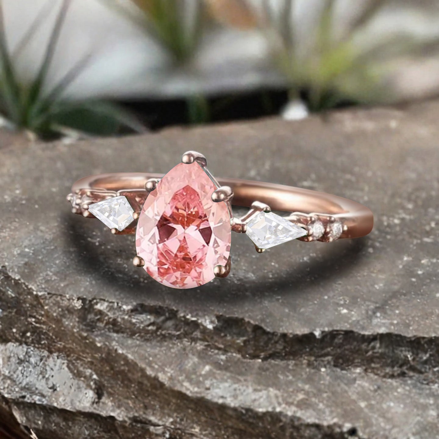 Vintage Pear Cut Pink Sapphire Engagement Rings Kite Moissanite Statement Ring Gift For Her