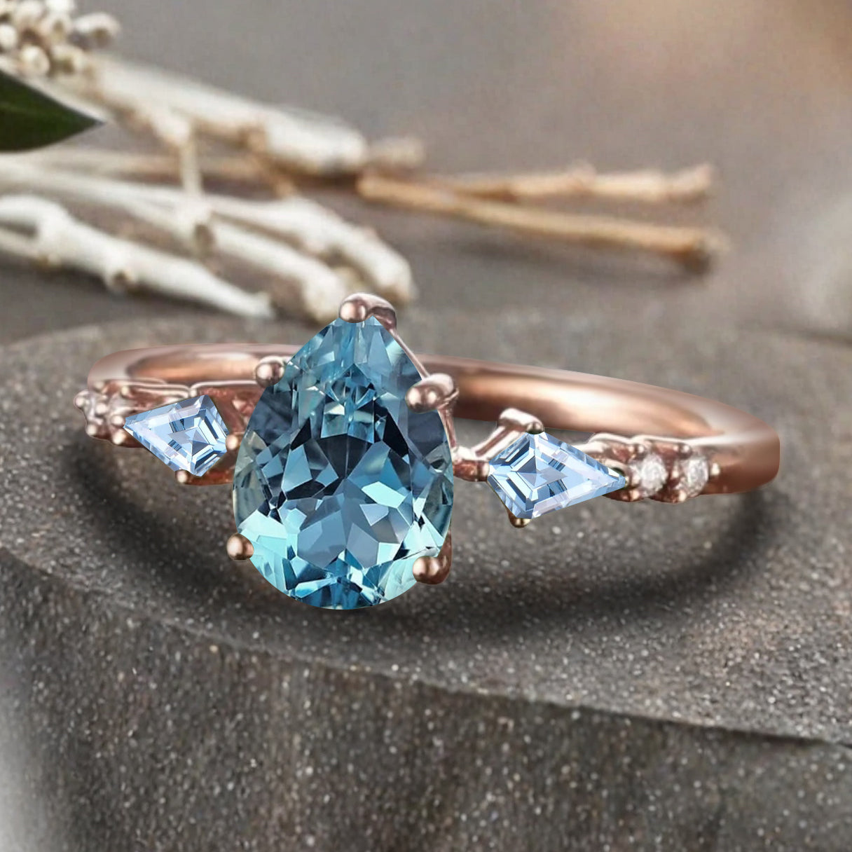 Vintage Pear Cut Aquamarine Engagement Rings Kite Aquamarine Statement Ring Gift For Her