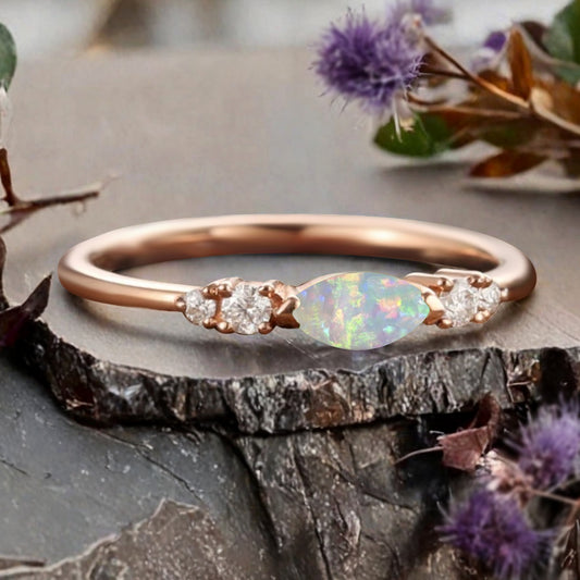Marquise cut Opal wedding band Unique 10k Rose gold wedding band Anniversary promise band