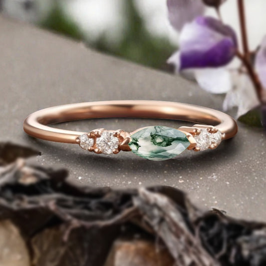 Marquise cut Moss Agate wedding band Unique 10k Rose gold wedding band Anniversary promise band