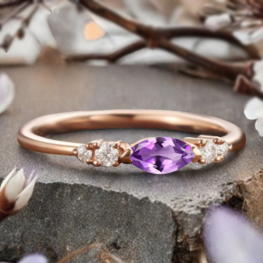 Marquise cut Amethyst wedding band Unique 10k Rose gold wedding band Anniversary promise band
